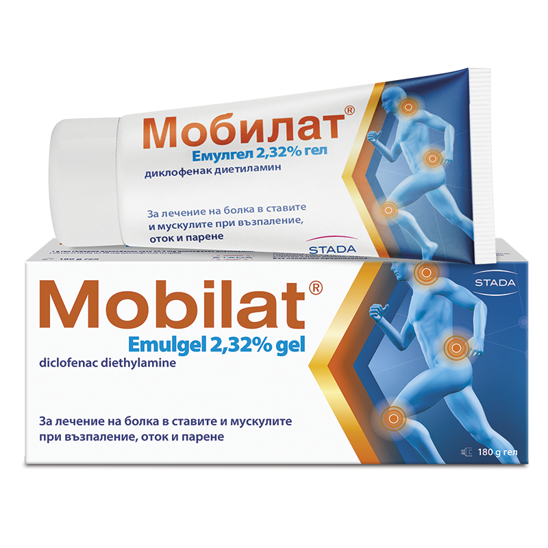 Мобилат Емулгел 2,32% гел 180 г при болки в ставите и мускулите