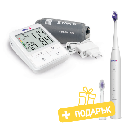 B.Well MED-51 Апарат за кръвно налягане с адаптер + B.Well Sonic PRO-850 Звукова четка за зъби бяла